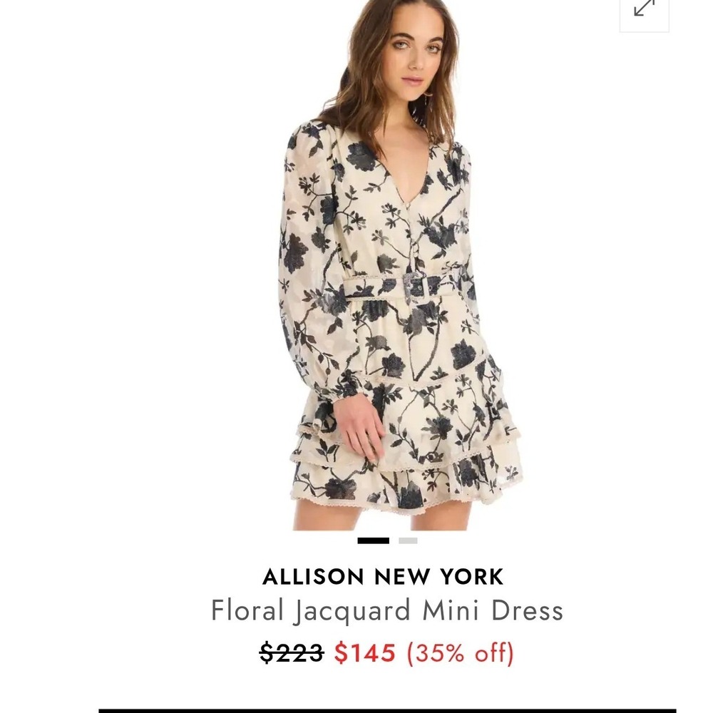 Allison New York Floral Jacquard Mini Dress Pink Black Long Sleeve Belted XS